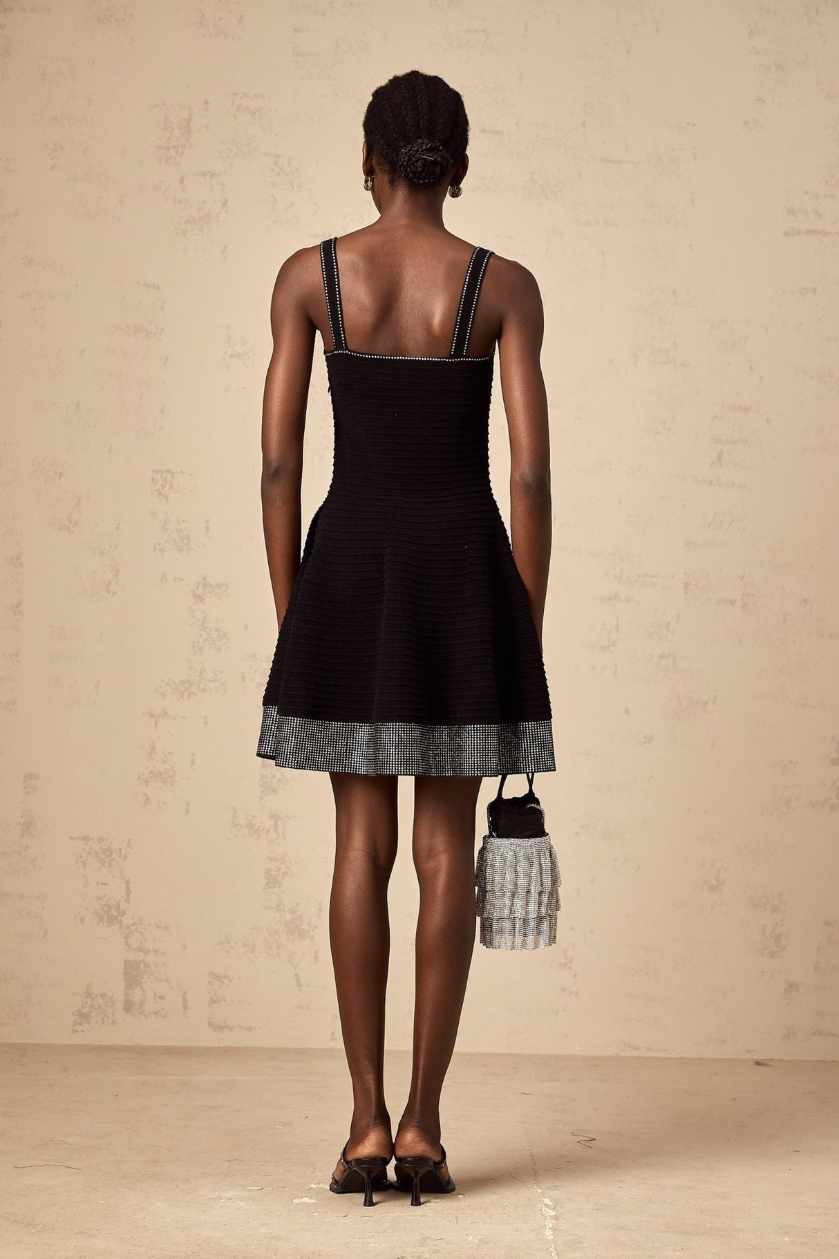 Rosalie Mini Dress Black Stud Flared Square Neck Knit