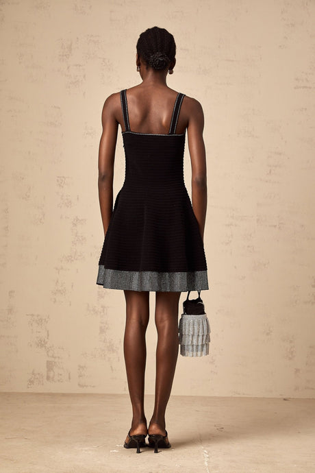 Rosalie Mini Dress Black Stud Flared Square Neck Knit