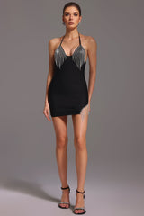 Rosangela Black Halter Mini Dress with Tassel Detailing and Rhinestones for Parties and Special Occasions