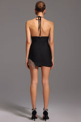 Rosangela Black Halter Mini Dress with Tassel Detail and Rhinestones for Party or Special Occasion