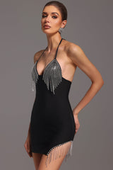 Rosangela Black Mini Dress Halter Neckline Tassel Rhinestone Detailing