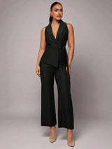 Rosangela Jumpsuit - Lapel Neckline - High Waist - Elegant Style - Wrap Details - Extra Long Length