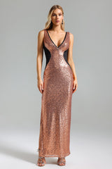 Rosangela Rose Sequin Deep V Neckline Thigh High Slit Dress