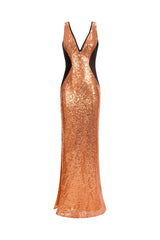Rosangela Rose Sequin V Neck Dress with Thigh High Slit