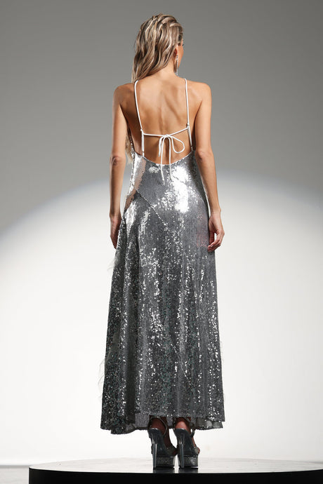 Rosangela Silver Sequined Halter Maxi Dress with Ruffled Detailing