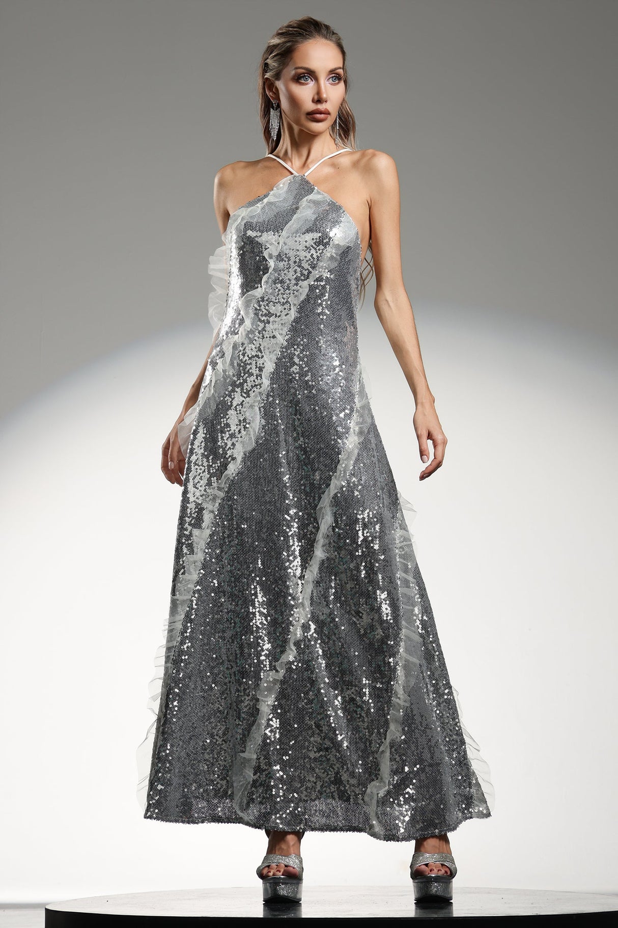 Rosangela Silver Sequined Halter Maxi Dress