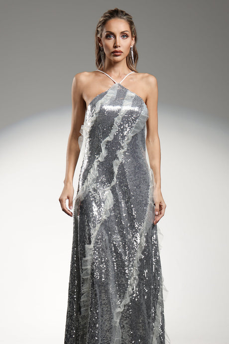 Rosangela Silver Sequined Halter Maxi Dress
