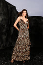 Rosanna Beige Maxi Dress Deep V Neckline Ruffled Hem Backless Elegant Chic Cocktail Party Summer Wedding Sleeveless Floor Length