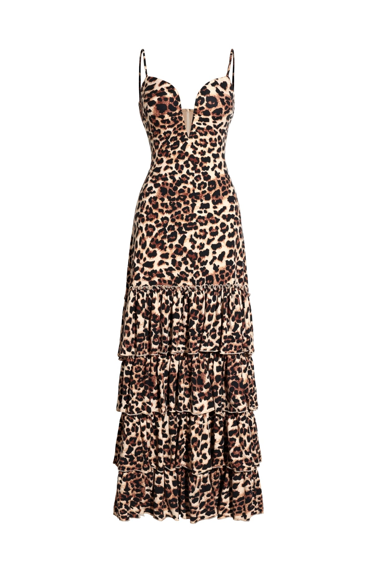 Rosanna Beige Maxi Dress Deep V Neckline Ruffled Hem Backless Design