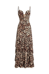 Rosanna Beige Maxi Dress Deep V Neckline Ruffled Hem Backless Design
