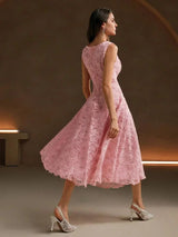 Rosanna Midi Dress - Round Neck - High Waist - A Line - Zipper - Elegant