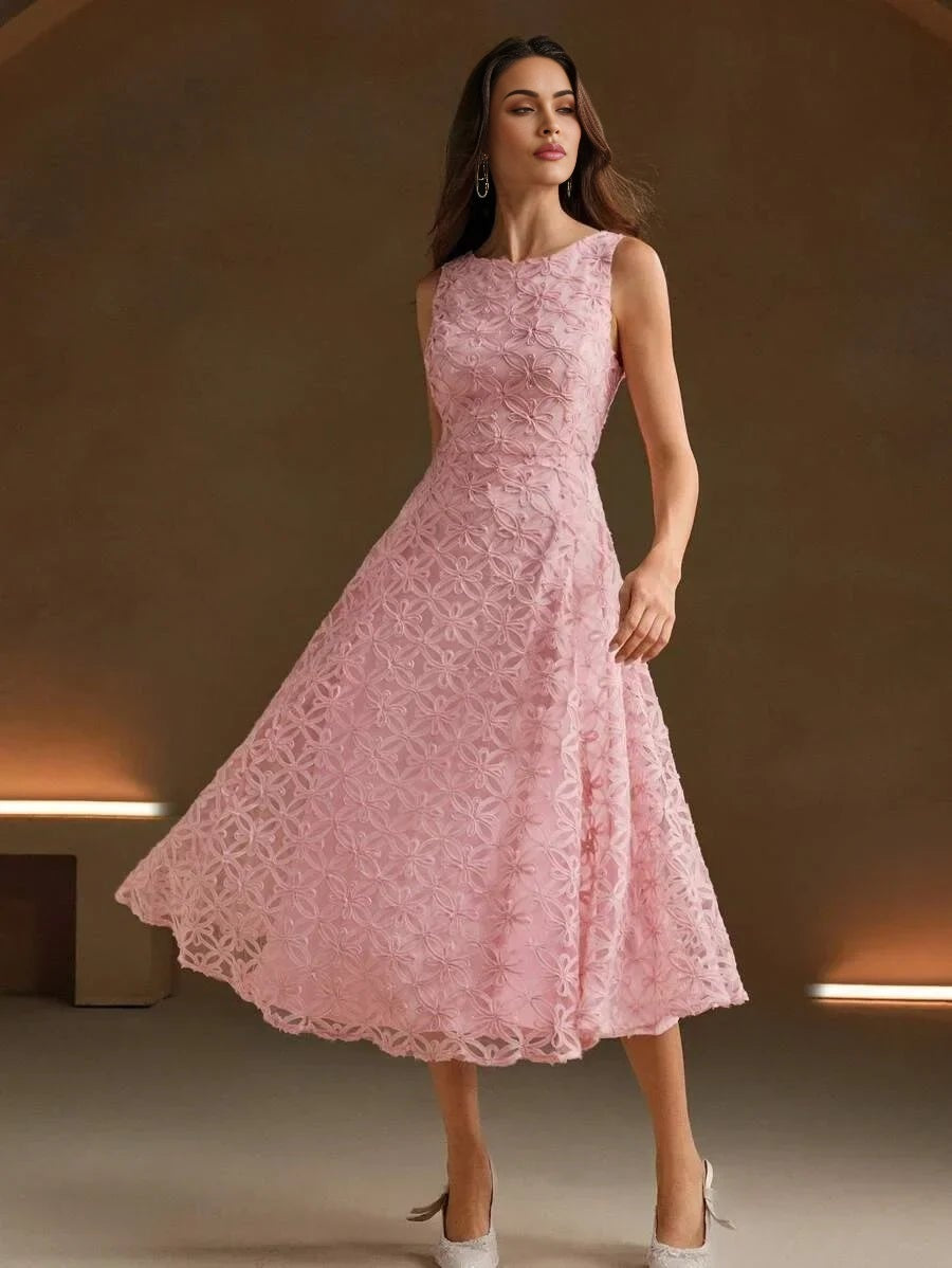 Rosanna Midi Dress - Round Neck - High Waist - A Line - Zipper - Elegant
