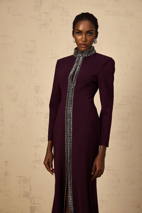 Rosaura Maxi Dress Deep Purple Flared Rhinestone Embellished