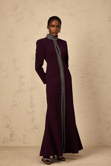 Rosaura Maxi Dress Deep Purple Flared Rhinestone Embellished