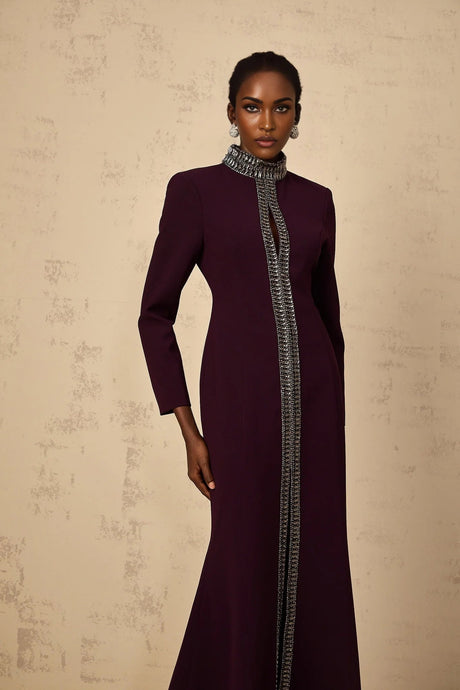 Rosaura Maxi Dress Deep Purple Flared Rhinestone Embellished