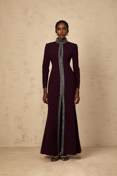 Rosaura Maxi Dress Deep Purple Flared Rhinestone Embellished