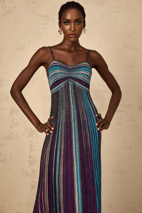 Rosaura Maxi Dress Purple Sequin Stripe Knit & Metallic Texture