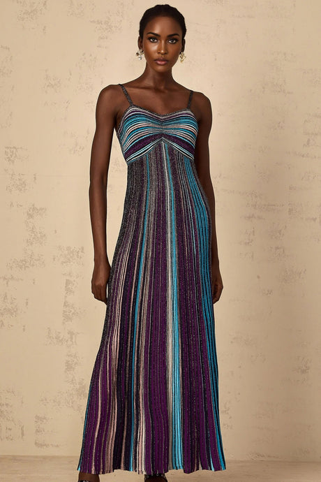 Rosaura Maxi Dress Purple Sequin Stripe Knit & Metallic Texture