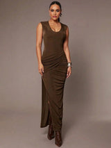 Rosaura Maxi Dress - Scoop Neckline - Bodycon Fit - Backless Design - Split Thigh