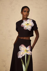 Rosaura Top & Skirt Set with Floral Appliqué in Black