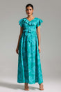 Rosaura Turquoise Floral Maxi Dress with Ruffled Sleeves and V-neckline