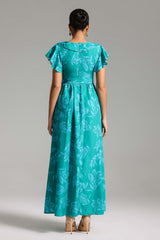 Rosaura Turquoise Floral Print Maxi Dress with Ruffled Sleeves and V-Neckline