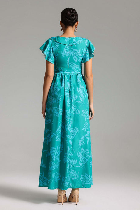 Rosaura Turquoise Floral Print Maxi Dress with Ruffled Sleeves and V-Neckline