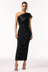 Rose Black Diamond Embellished One-Shoulder Maxi Dress
