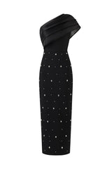 Rose Black Diamond Embellished One-Shoulder Maxi Dress