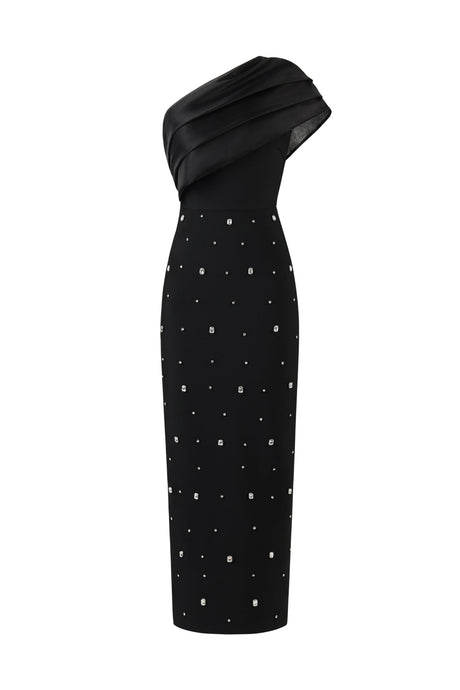 Rose Black Diamond Embellished One-Shoulder Maxi Dress