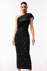 Rose Black One Shoulder Diamond Embellished Maxi Dress
