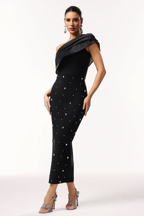 Rose Black One Shoulder Diamond Embellished Maxi Dress