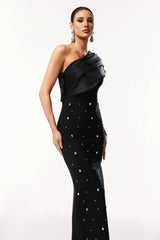 Rose Black One-Shoulder Diamond Embellished Maxi Dress
