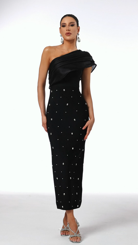 Rose Black One-Shoulder Diamond Embellished Maxi Dress