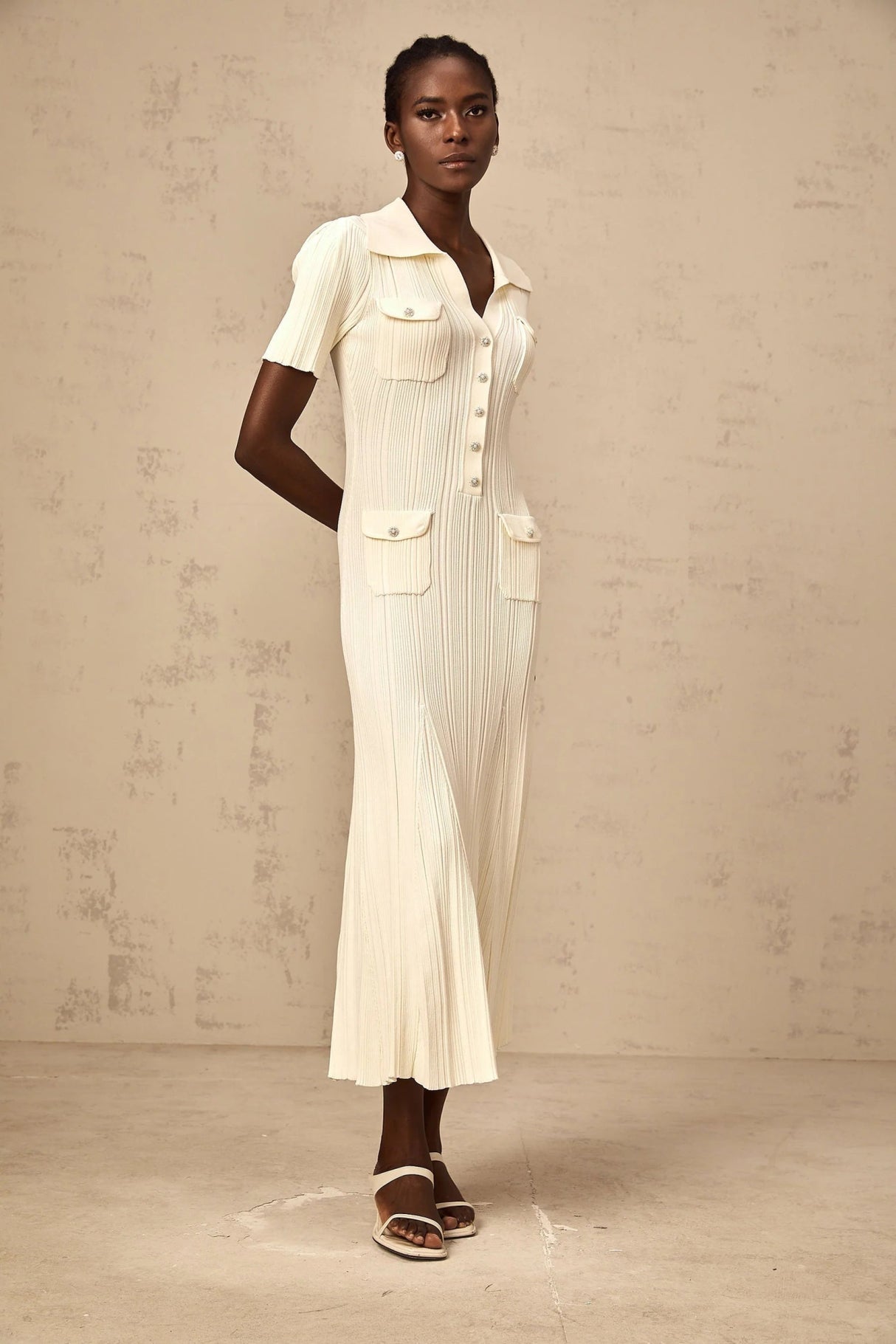 Rose Midi Dress Neutrals Ribbed - Knit Flared Pockets Button - Front & V - Neck