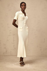 Rose Midi Dress Neutrals Ribbed - Knit Flared Pockets Button - Front & V - Neck