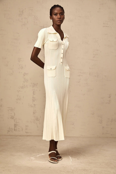 Rose Midi Dress Neutrals Ribbed - Knit Flared Pockets Button - Front & V - Neck
