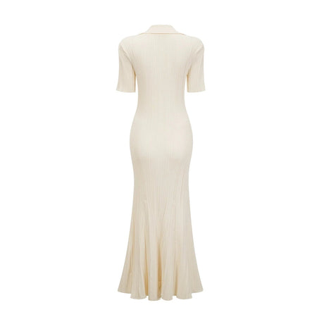 Rose Midi Dress Neutrals Ribbed - Knit Flared Pockets Button - Front & V - Neck