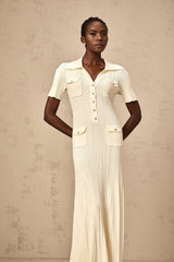 Rose Midi Dress Neutrals Ribbed - Knit Flared Pockets Button - Front & V - Neck