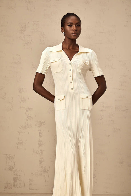 Rose Midi Dress Neutrals Ribbed - Knit Flared Pockets Button - Front & V - Neck