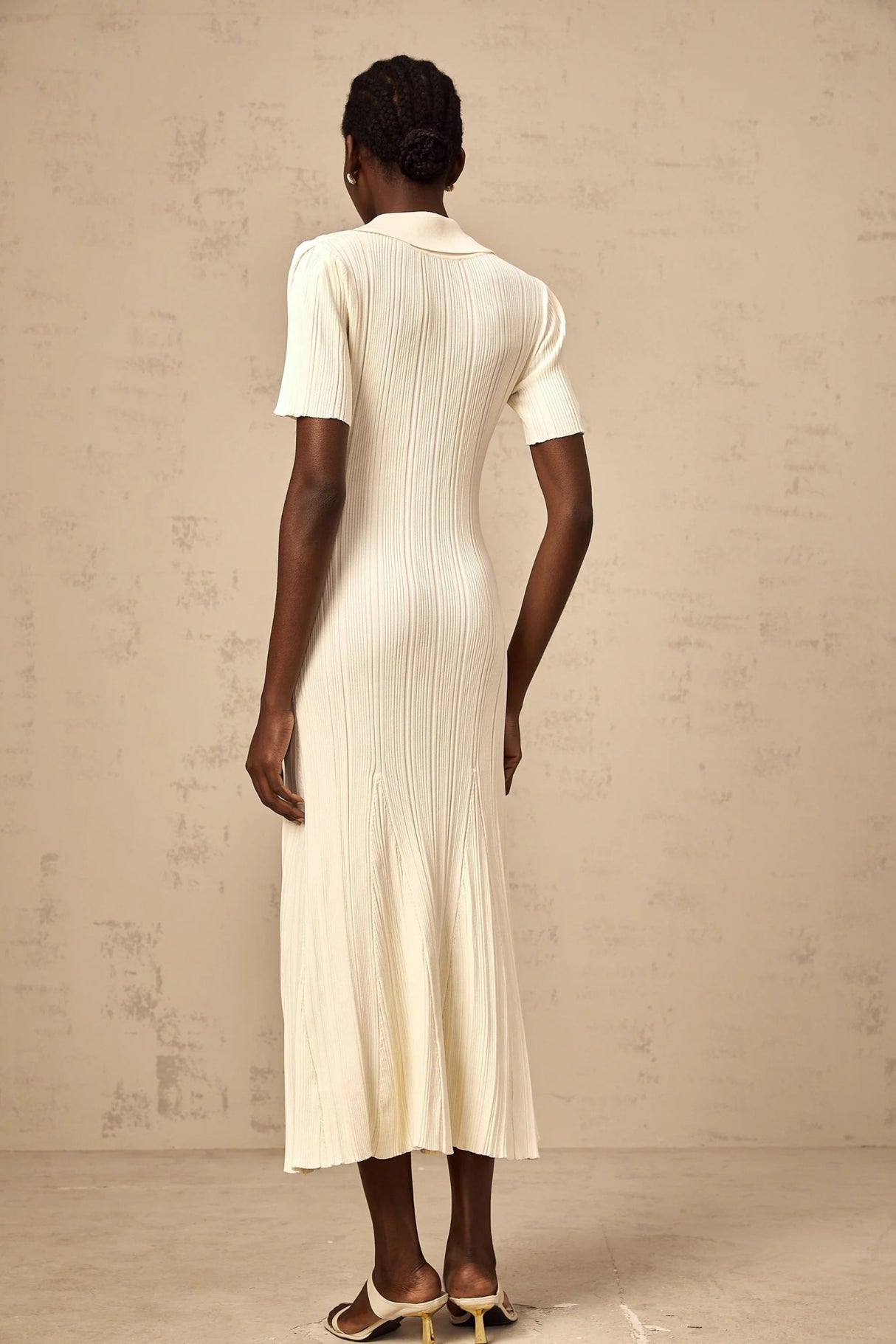Rose Midi Dress Neutrals Ribbed - Knit Flared Pockets Button - Front & V - Neck