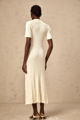 Rose Midi Dress Neutrals Ribbed - Knit Flared Pockets Button - Front & V - Neck