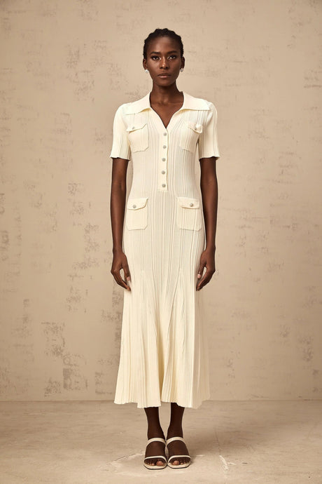Rose Midi Dress Neutrals Ribbed - Knit Flared Pockets Button - Front & V - Neck