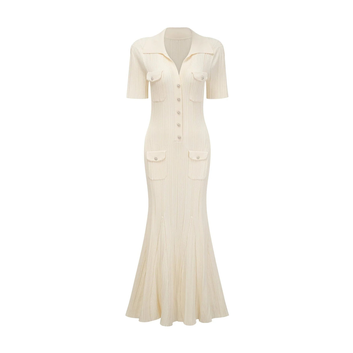 Rose Midi Dress Neutrals Ribbed - Knit Flared Pockets Button - Front & V - Neck