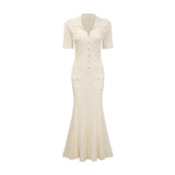 Rose Midi Dress Neutrals Ribbed - Knit Flared Pockets Button - Front & V - Neck