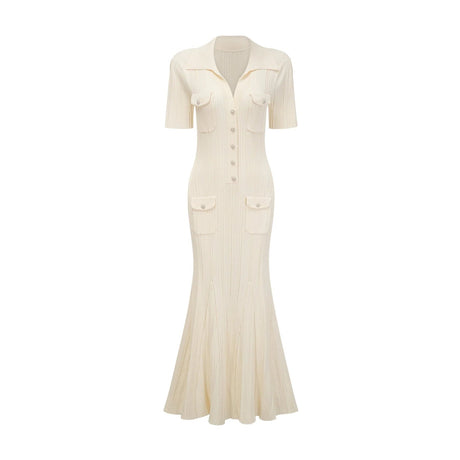 Rose Midi Dress Neutrals Ribbed - Knit Flared Pockets Button - Front & V - Neck