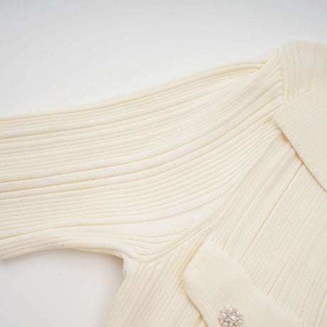 Rose Midi Dress Neutrals Ribbed - Knit Flared Pockets Button - Front & V - Neck