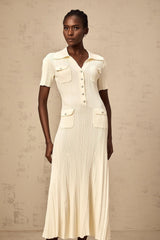 Rose Midi Dress Neutrals Ribbed - Knit Flared Pockets Button - Front & V - Neck