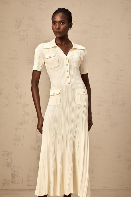Rose Midi Dress Neutrals Ribbed - Knit Flared Pockets Button - Front & V - Neck