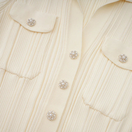 Rose Midi Dress Neutrals Ribbed - Knit Flared Pockets Button - Front & V - Neck
